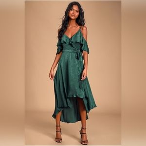 Lulus forest green off-the-shoulder wrap dress
